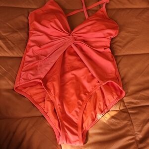 Time and Tru Red One Piece Swimsuit with Plunging V-Neck and Twist Detail